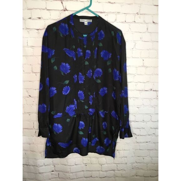 Larry Levine Women‎ Large Floral Tunic Top Black Long Sleeve Flowing Boho - Picture 1 of 8